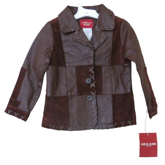 VINTAGE GUESS *NWT* Leather Jacket Size 4 Girl Cowgirls Western Button Brown Y2K - Picture 1 of 7